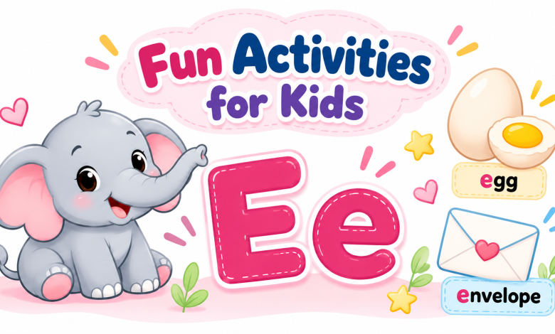 Letter E worksheets for preschool kids with tracing, coloring and matching activities